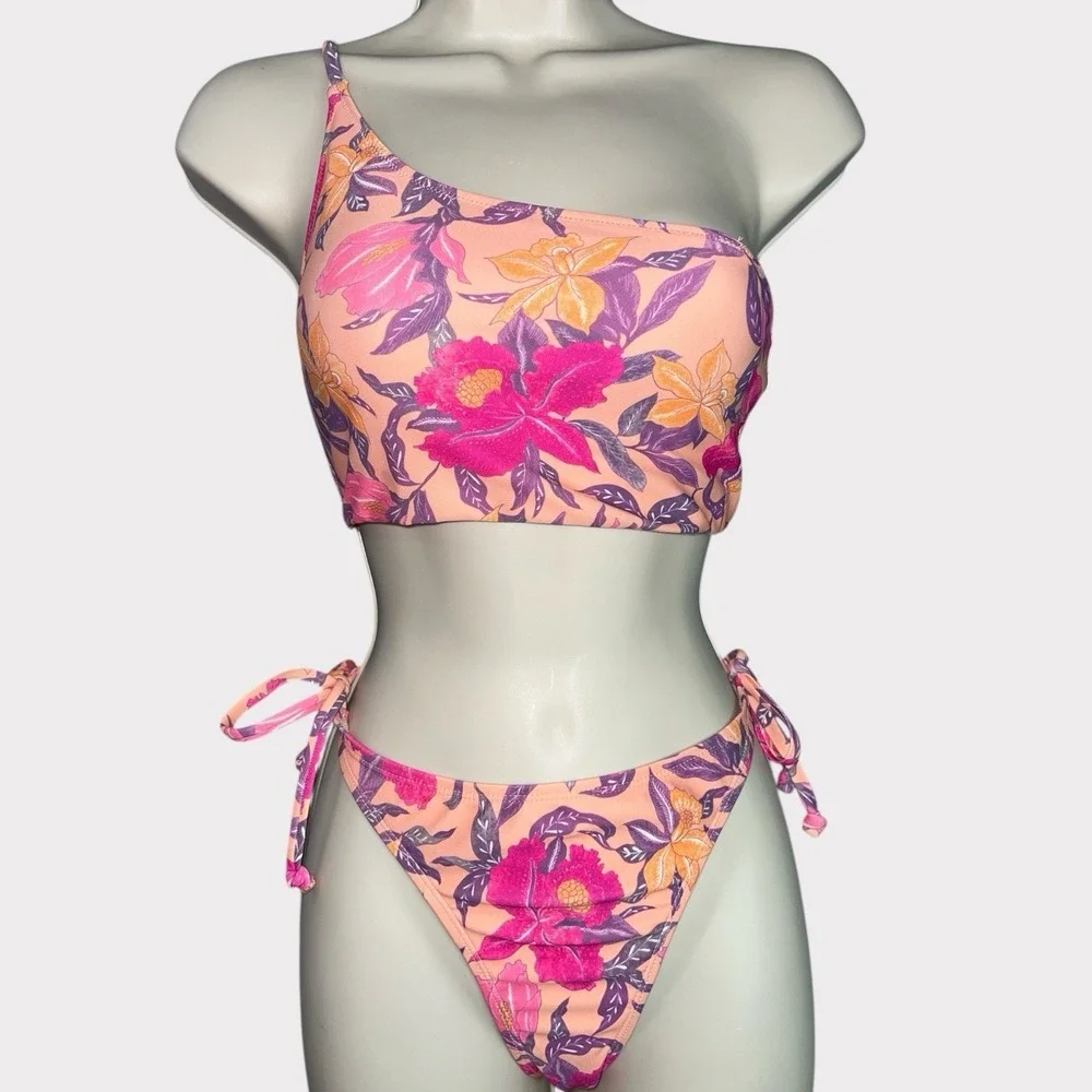 Old Navy Floral One Shoulder Bikini‎ Set Small Top XS Bottoms Boho Tropical
